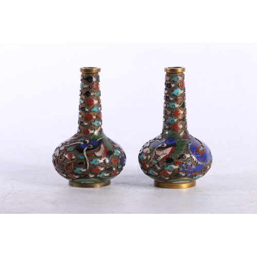 131C - Pair of small Chinese cloisonné vases or bottles, and a vase with charcter marks to base.