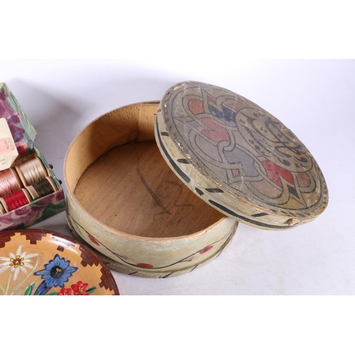 42 - Arabic painted wood circular box, a box containing thread spools, and a chip carved and painted plat... 