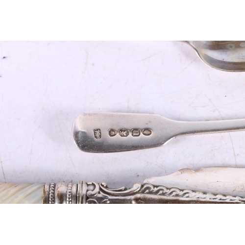 650A - Pair of Victorian silver fish knives with mother of pearl handles, three silver coffee spoons and a ... 