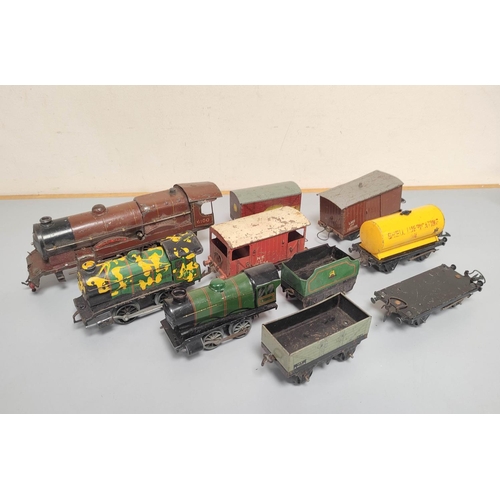 129 - Group of 0 gauge tin plate locomotives and rolling stock to include a Hornby Meccano type 30 loco no... 