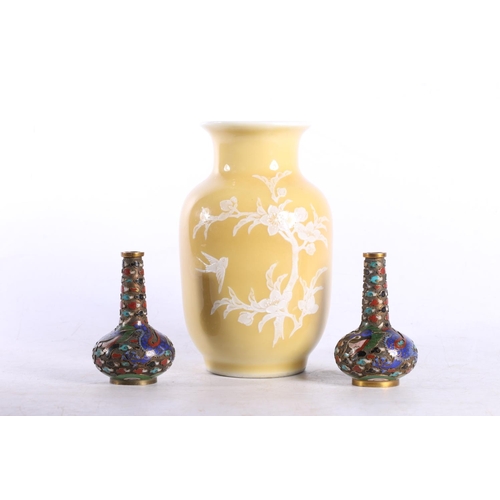 131C - Pair of small Chinese cloisonné vases or bottles, and a vase with charcter marks to base.