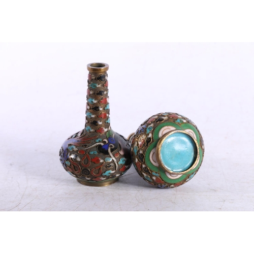 131C - Pair of small Chinese cloisonné vases or bottles, and a vase with charcter marks to base.