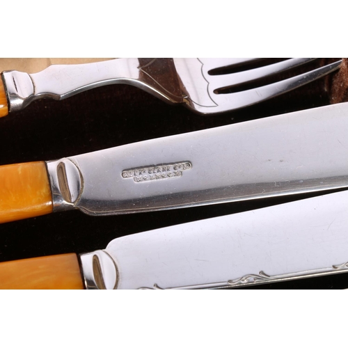 133A - Oak cutlery canteen with set of six fish knives and forks.