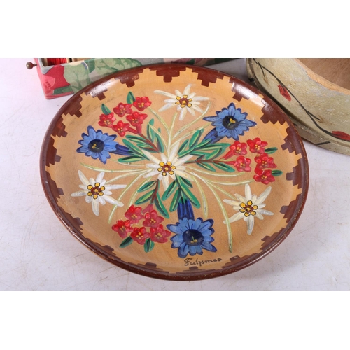 42 - Arabic painted wood circular box, a box containing thread spools, and a chip carved and painted plat... 