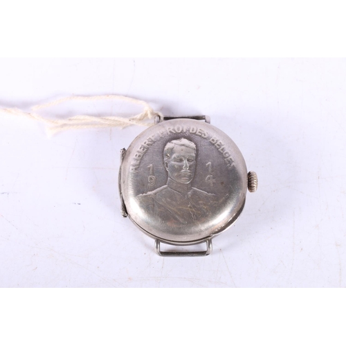 600A - Belgian silver trench watch, cover with bust of King Albert and inscribed, 