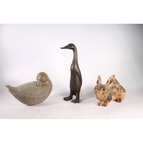 262 - Studio Pottery mottled glazed model of a duck, a resin model of a standing duck by Susie Marsh, and ... 