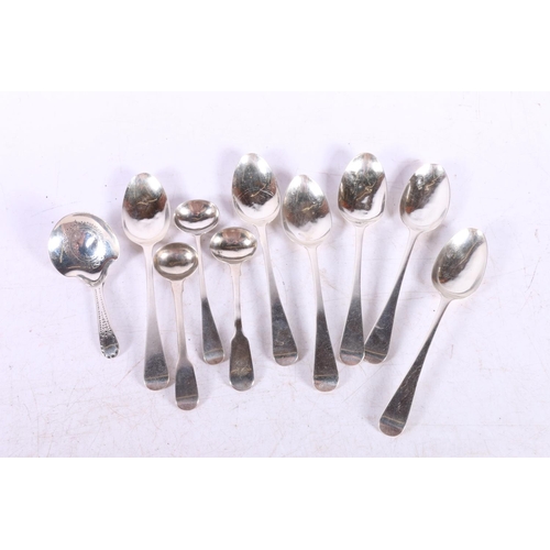 605 - Six George IV silver teaspoons, hallmarked William M Traies, three condiment spoons, and a caddy spo... 