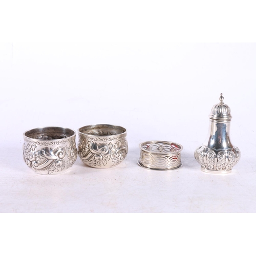 608 - Pair of Victorian silver pots, hallmarked Vale Brothers & Sermon, Birmingham 1894, also a napkin... 