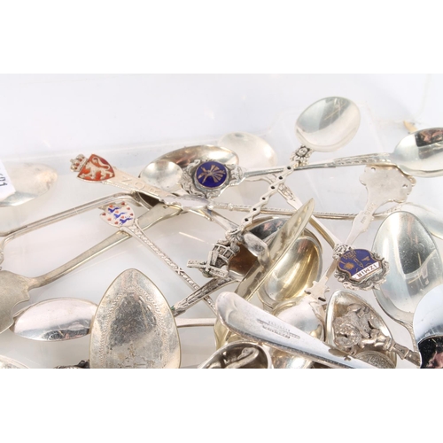 609 - Spoons, some marked silver to include continental, also a white metal bangle with coin charms.