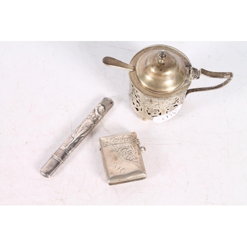 614 - Late Victorian silver vesta, hallmarked Birmingham 1900, 14g, also a pencil and a condiment pot, spo... 