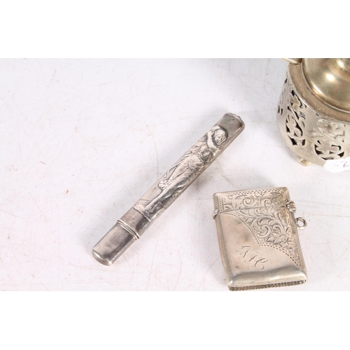 614 - Late Victorian silver vesta, hallmarked Birmingham 1900, 14g, also a pencil and a condiment pot, spo... 