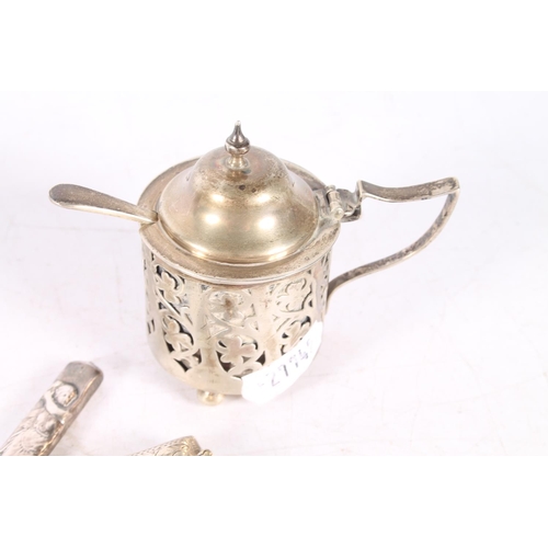 614 - Late Victorian silver vesta, hallmarked Birmingham 1900, 14g, also a pencil and a condiment pot, spo... 