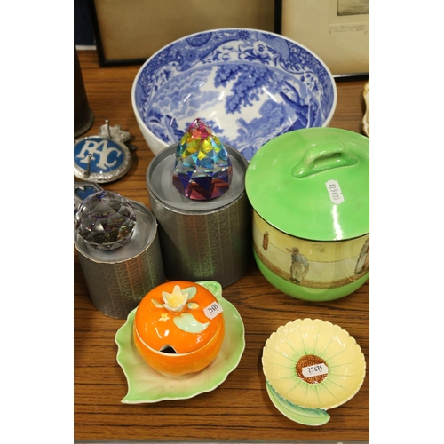 217 - Royal Doulton McVitie & Price biscuit barrel, 18cm, a Copeland Spode bowl, two crystal table orn... 