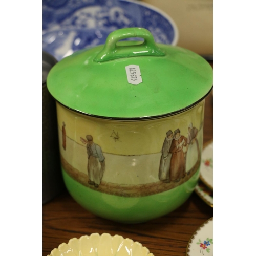 217 - Royal Doulton McVitie & Price biscuit barrel, 18cm, a Copeland Spode bowl, two crystal table orn... 