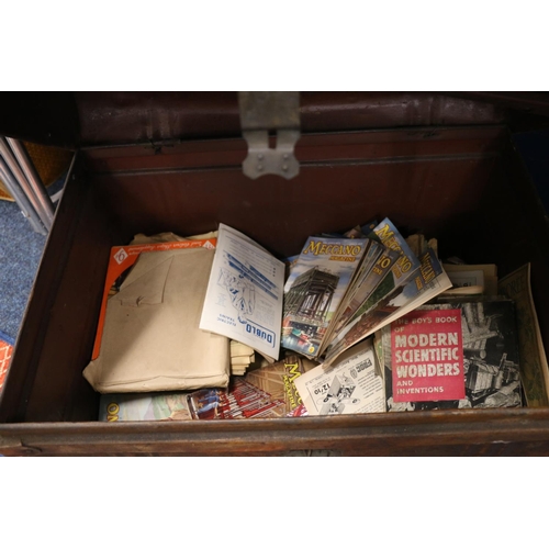 225 - Vintage metal chest with magazines to include Meccano, Modern Scientific, etc.