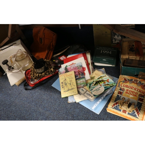 244 - Endoscopy machine, a leather satchel, tennis rackets, a fur bag, cigarette cards, books to include S... 