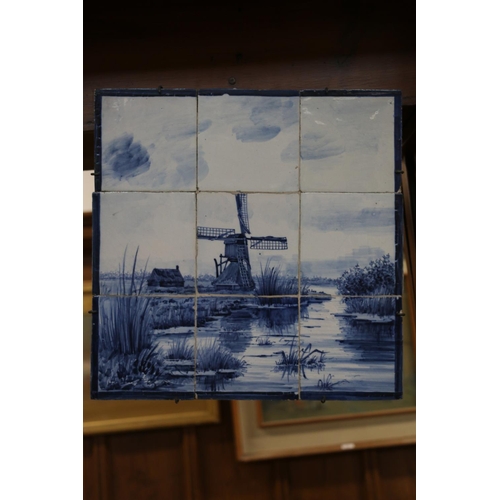 261 - Delft 3 x 3 tile panel depicting a windmill scene.