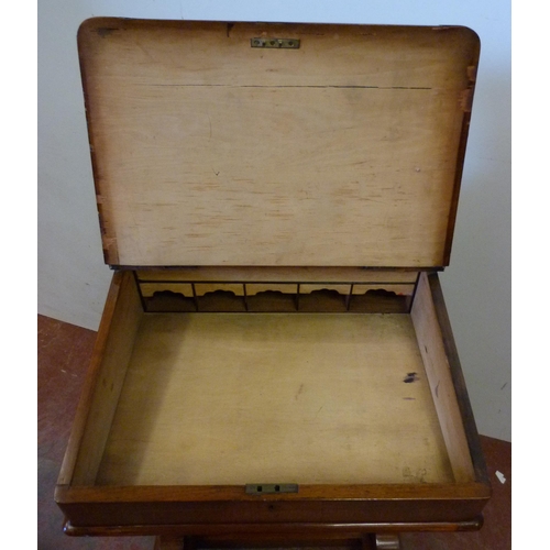 331 - Victorian inlaid davenport with stationery compartment above a tooled writing flap enclosing pigeonh... 