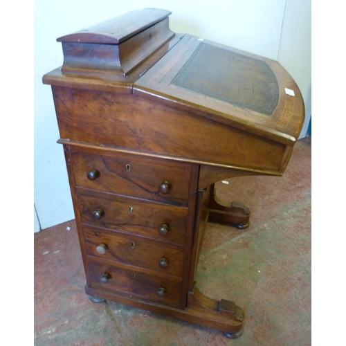 334 - Victorian inlaid walnut davenport with stationery compartment above a tooled writing flap enclosing ... 