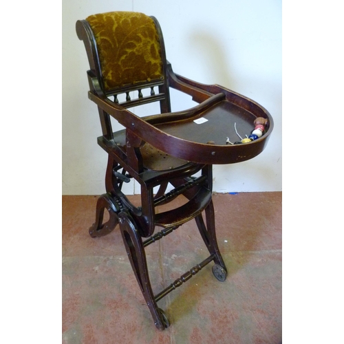 336 - Metamorphic child's high/feeding chair with metal fittings, on metal castors.