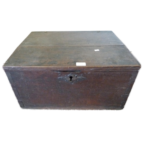 337 - 17th century oak deed box with iron strapwork, escutcheon and handles, 29cm high, 55cm wide and 41.5... 