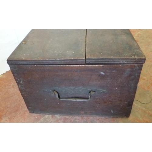 337 - 17th century oak deed box with iron strapwork, escutcheon and handles, 29cm high, 55cm wide and 41.5... 