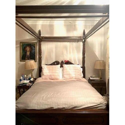 341 - Reproduction four poster bed in the Victorian style with canopy top above moulded swan pediment and ... 