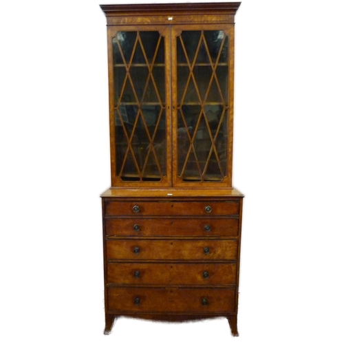 343 - George III satinwood bookcase on secretaire chest in the Sheraton style, with two astragal glazed do... 