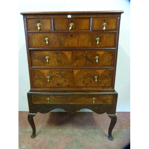 348 - George III walnut chest on stand with three short and three long drawers, on a single-drawer table b... 