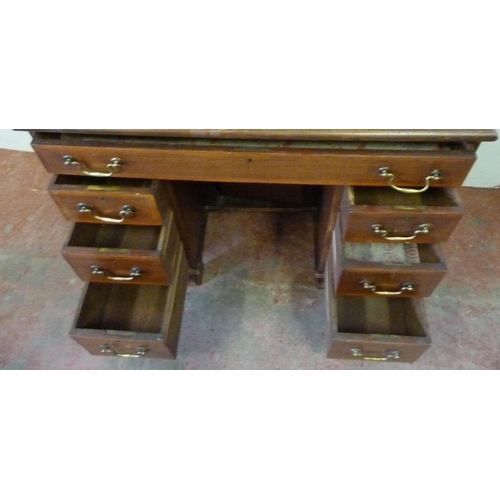 352 - George III style inlaid antique mahogany desk with satinwood inlaid shell patera to the top above a ... 