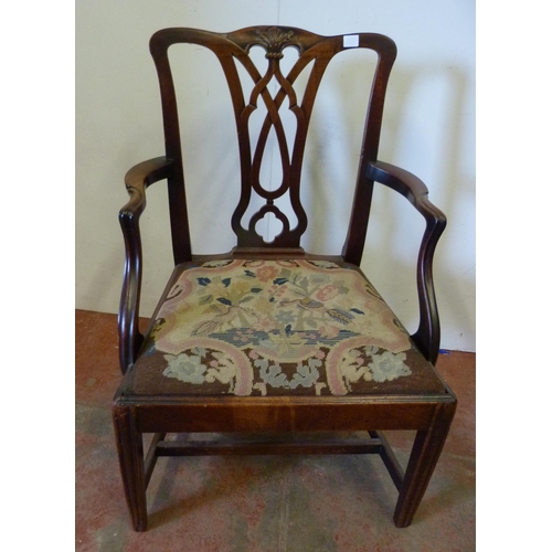 355 - George III mahogany carver chair with pierced back and tapestry slip-in seat, on chamfered supports,... 