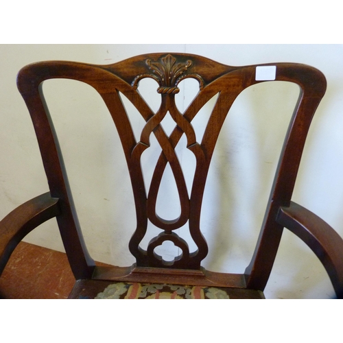 355 - George III mahogany carver chair with pierced back and tapestry slip-in seat, on chamfered supports,... 