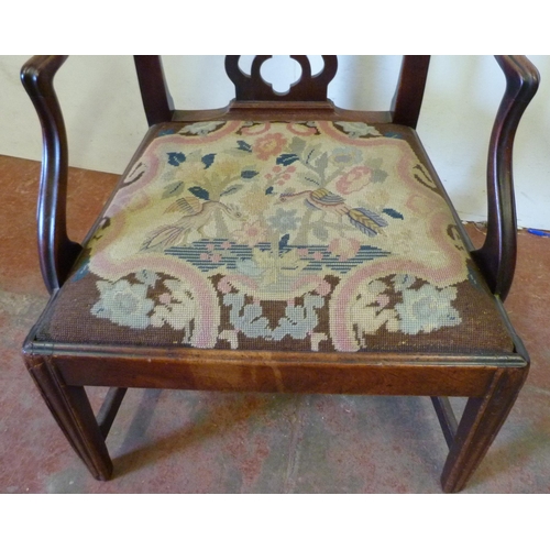 355 - George III mahogany carver chair with pierced back and tapestry slip-in seat, on chamfered supports,... 