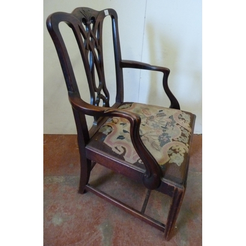 355 - George III mahogany carver chair with pierced back and tapestry slip-in seat, on chamfered supports,... 