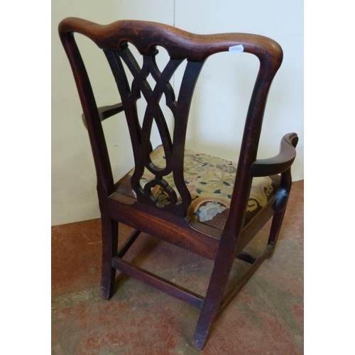 355 - George III mahogany carver chair with pierced back and tapestry slip-in seat, on chamfered supports,... 