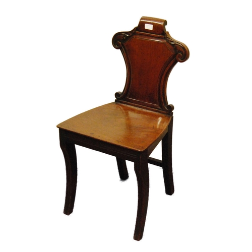 358 - 19th century mahogany hall chair in the manner of Gillows, with scroll back rest and solid seat, on ... 