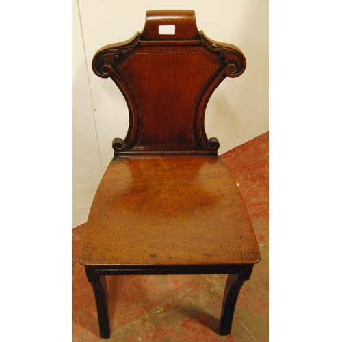 358 - 19th century mahogany hall chair in the manner of Gillows, with scroll back rest and solid seat, on ... 