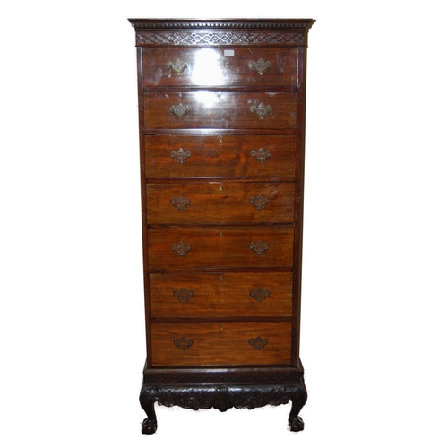 362 - Chinese Chippendale influence mahogany tallboy chest of drawers, 20th century, the moulded geometric... 