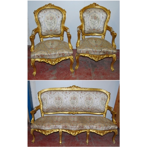 367 - Louis XV style giltwood five-piece parlour suite, 20th century, comprising a settee and four matchin... 