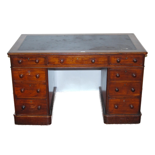 370 - Victorian mahogany pedestal desk, the detachable tooled top with long drawer flanked by short drawer... 