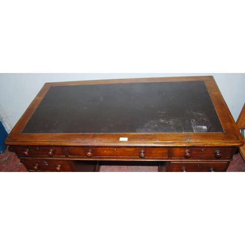 370 - Victorian mahogany pedestal desk, the detachable tooled top with long drawer flanked by short drawer... 