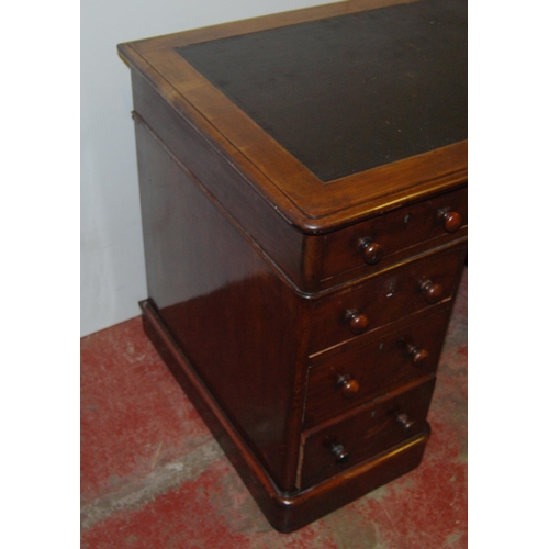 370 - Victorian mahogany pedestal desk, the detachable tooled top with long drawer flanked by short drawer... 