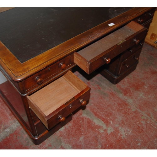 370 - Victorian mahogany pedestal desk, the detachable tooled top with long drawer flanked by short drawer... 