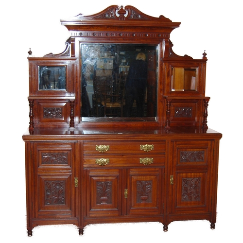 376 - Edwardian mahogany mirror-back sideboard, the carved mirror back on balustrade columns above a sideb... 