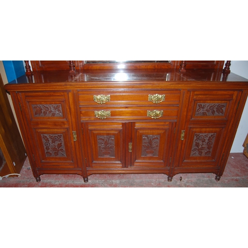 376 - Edwardian mahogany mirror-back sideboard, the carved mirror back on balustrade columns above a sideb... 