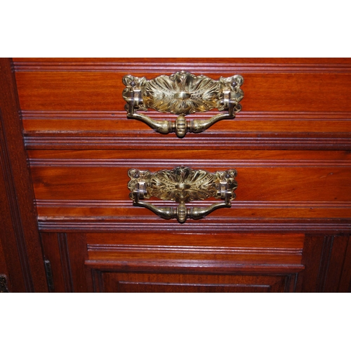 376 - Edwardian mahogany mirror-back sideboard, the carved mirror back on balustrade columns above a sideb... 