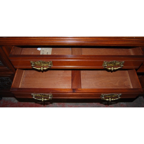 376 - Edwardian mahogany mirror-back sideboard, the carved mirror back on balustrade columns above a sideb... 