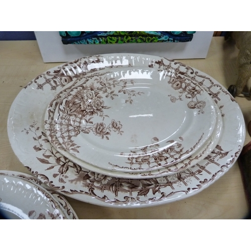 80 - Victorian part dinner set with brown underglazed floral decoration including ashet, also a Dutch con... 