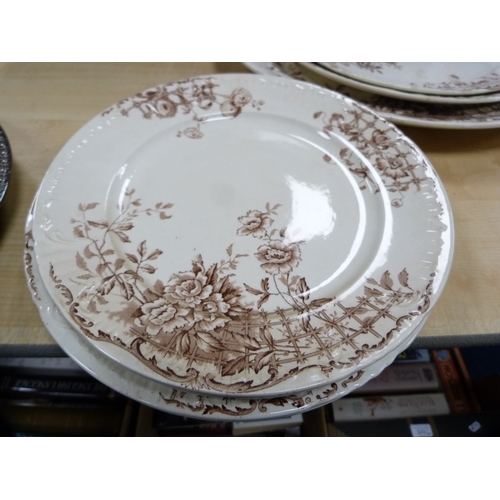 80 - Victorian part dinner set with brown underglazed floral decoration including ashet, also a Dutch con... 