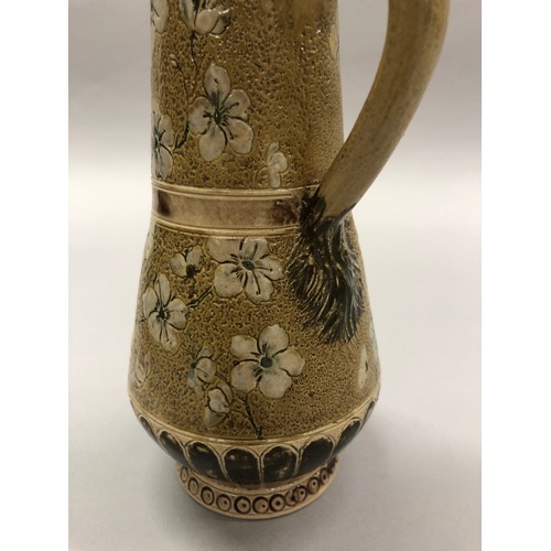 76 - Early Martin Brothers prunus jug, slender tapering arts and crafts inspired jug, decorated with deli... 